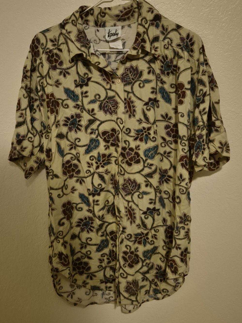 VTG Tapestry Brand Botanical Flower Vine Print Camp Shirt Short Sleeve Cream L